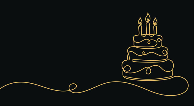 Continuous line art birthday cake with three burning candles, luxury gold holiday banner on black background, elegant anniversary celebration and bakery logo linear design