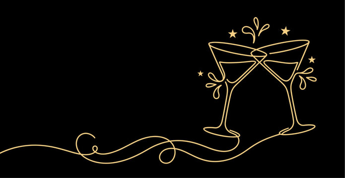 Continuous line art martini cocktail glasses toast with splash drops and stars, gold party banner on black background, elegant cocktail glass outline for bar menu, nightlife event and celebratory toas