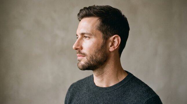 Portrait of a handsome young man with a beard looking away against a grey background.