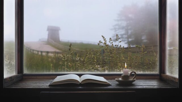A table with books and a candle, a view of a tranquil forest through the window, and an atmospheric, peaceful hillside path shrouded in mist.
