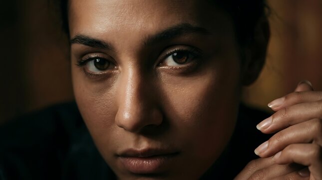 Close up of a young woman with a mysterious intense gaze, featuring high contrast lighting that highlights her intense gaze and natural skin texture for a moody and intense gaze portrait.