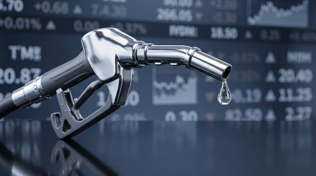 Gasoline pump nozzle with oil drop against stock market data background