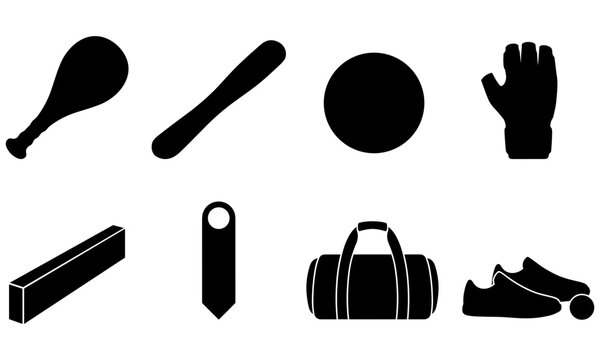 Basque pelota and paleta equipment silhouettes set with wooden bat, fronton ball, leather glove, sports bag, and court shoes icons   