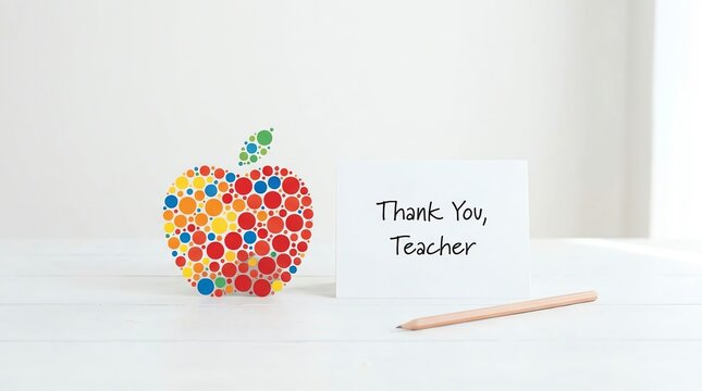 Colorful Geometric Apple and "Thank You, Teacher" Card on White Desk