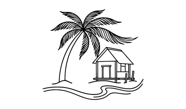 Tropical palm tree beach hut and sandy shore minimalist outline vector