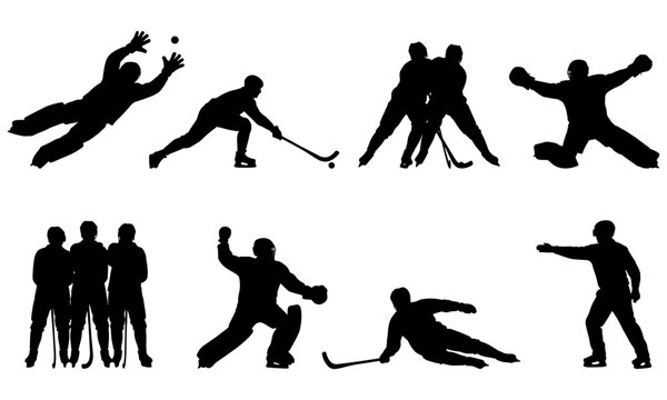 Bandy silhouettes set with ice hockey players, goalkeeper save, free stroke wall, sliding tackle, referee, and winter sports tournament icons   