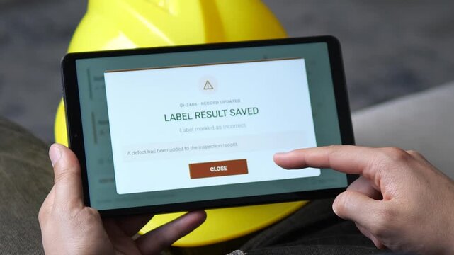Worker records an incorrect product label during a digital quality inspection, highlighting traceability, defect control and compliance in modern manufacturing.