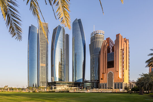 Abu Dhabi skyline with Etihad Towers skyscrapers in Abu Dhabi, United Arab Emirates