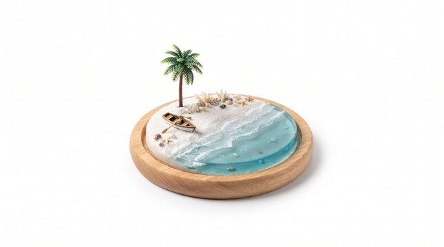Miniature tropical island resin art diorama, handcrafted ocean beach coaster with palm tree, turquoise sea craft concept for summer travel decoration isolated PNG with Transparent Background