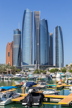 Abu Dhabi skyline with Etihad Towers skyscrapers with marina in Abu Dhabi, United Arab Emirates