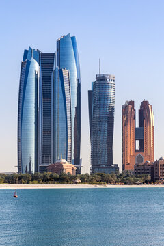 Abu Dhabi skyline with Etihad Towers skyscrapers at sea in Abu Dhabi, United Arab Emirates