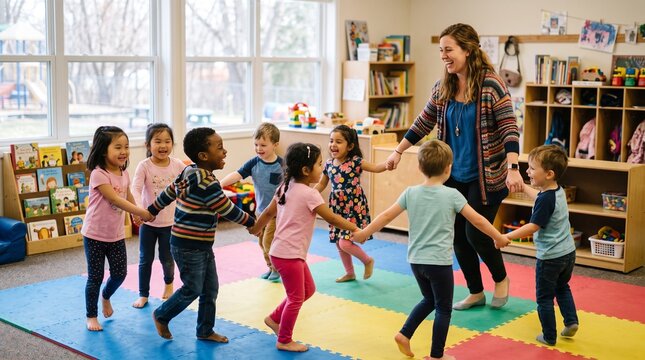 A diverse group of happy preschool children holding hands and dancing with their teacher in a bright classroom.