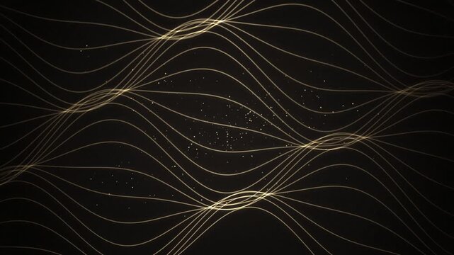 Elegant Gold Wave Lines Flowing On Dark Background With Floating Glowing Dust Particles Motion Graphi