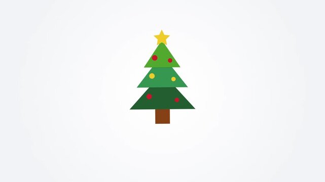 Simple green Christmas tree with brown trunk and yellow star. Minimalist design features flat shapes and solid colors. Perfect for holiday greeting cards or seasonal branding