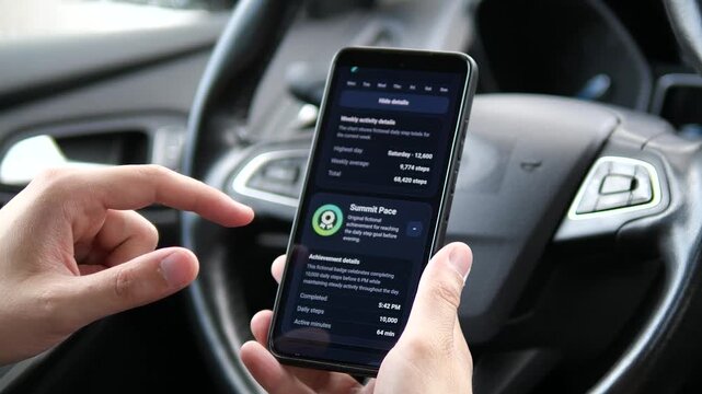 Person reviews weekly step totals and walking achievements on a smartphone, highlighting fitness tracking, active lifestyles and data-driven wellness before starting a new session.