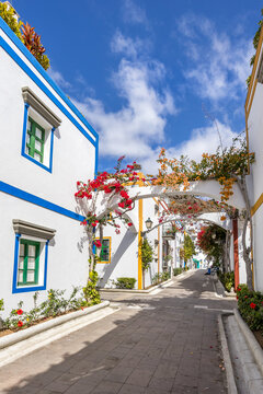 Gran Canaria island Puerto de Mogan traditional colorful houses with flowers holiday in Spain