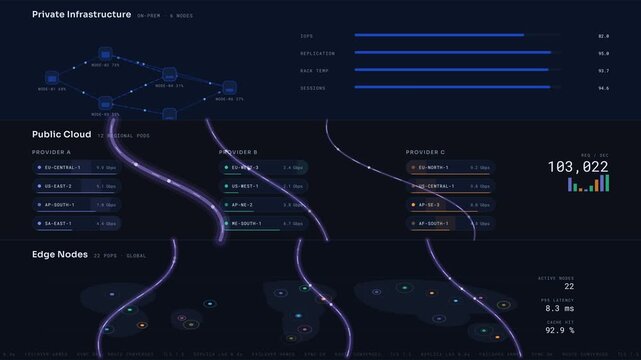 A dynamic hybrid cloud dashboard animation showcasing private, public, and edge infrastructure with interactive elements and vibrant visual effects in 4K resolution.