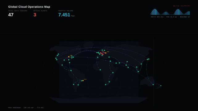 Explore the global cloud operations map showcasing data centers, traffic flow, and outages with animated visual elements in a dynamic dark theme. for commercial creative technology and business use.