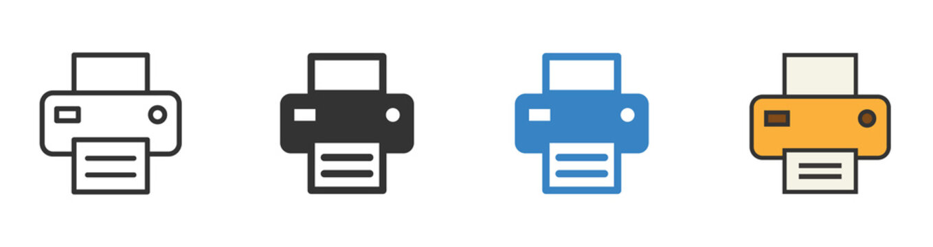 Printer or fax icon set. Containing printout, paper, machine, document in the office. Line, glyph and flat style. Vector illustration