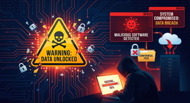 Digital security concept illustration showing a neon red skull warning sign with hooded hackers in the background and text alerts about data breach and malicious software