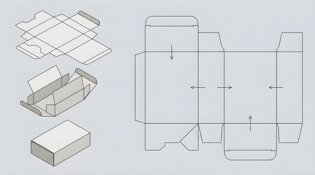 Folding carton assembly blueprint with packaging dieline and box construction stages