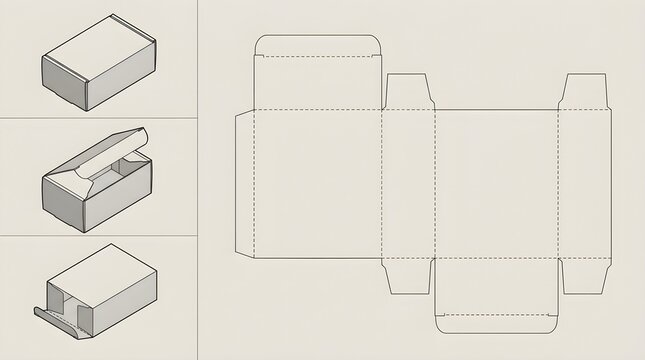 Packaging dieline layout guide with folding carton template and box assembly examples