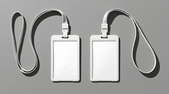 Two blank white identification card holders with lanyards arranged on gray background