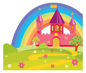 Obraz premium A castle with a rainbow in the background