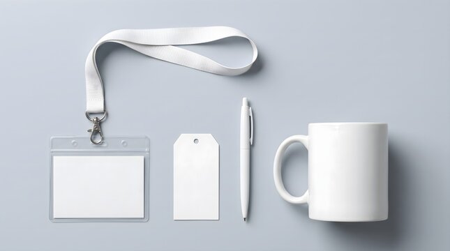 Employee welcome kit components with blank ID badge tag pen white mug and lanyard on gray background