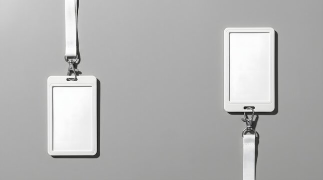 Two blank identification card holders with white lanyards arranged vertically and horizontally on gray surface