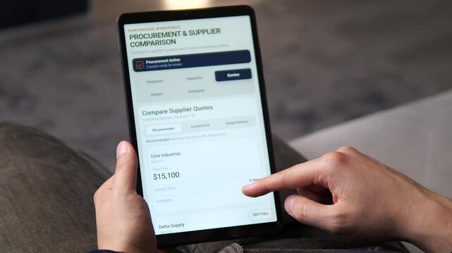 Business user compares supplier quotes for industrial sensors on a tablet, showing digital procurement, vendor evaluation, price analysis and data-driven purchasing decisions.