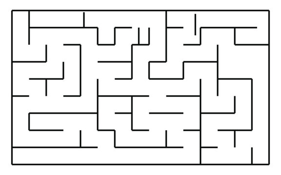 Rectangular maze puzzle in simple line style, black labyrinth with straight walls and paths on white background, for kids activity books, games and worksheets