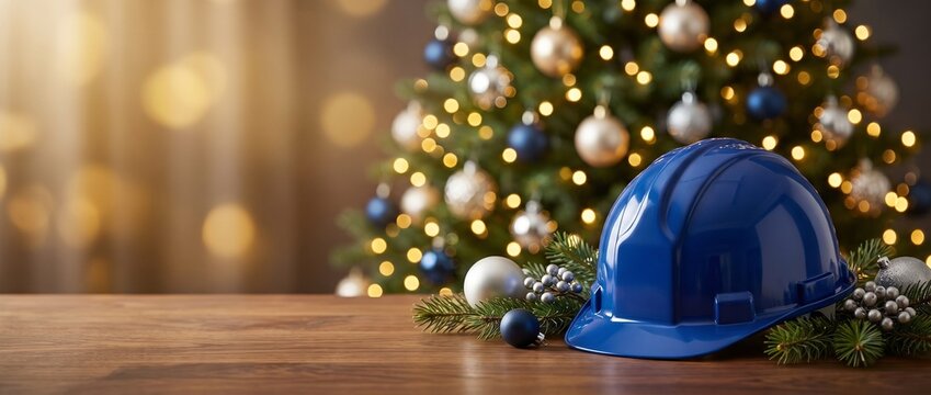 Blue hard hat on a wooden desk with blurred Christmas tree. Holiday greeting web banner or background for construction, electrical and maintenance companies with copy space