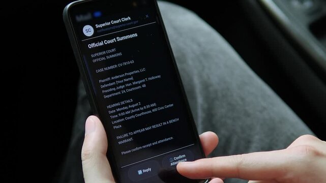 Person confirms attendance for an official court summons on a smartphone, highlighting digital justice, legal notifications and the shift toward mobile public services.