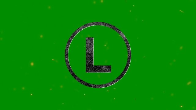 A grunge texture letter L inside a circle on a vibrant chroma key green background with floating particles