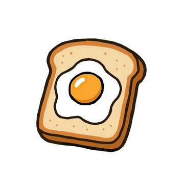 Cute cartoon slice of toast bread topped with a sunny side up fried egg, simple hand drawn digital art illustration isolated on white background.