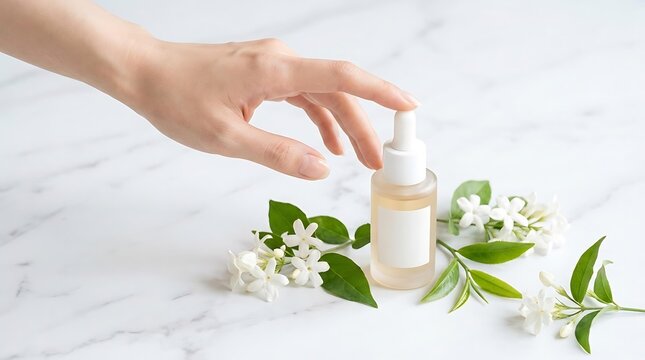 Essential jasmine serum bottle with blank label for mockup, organic jasmine serum skincare product with white jasmine flowers on marble, hand holding natural jasmine serum for beauty routine.