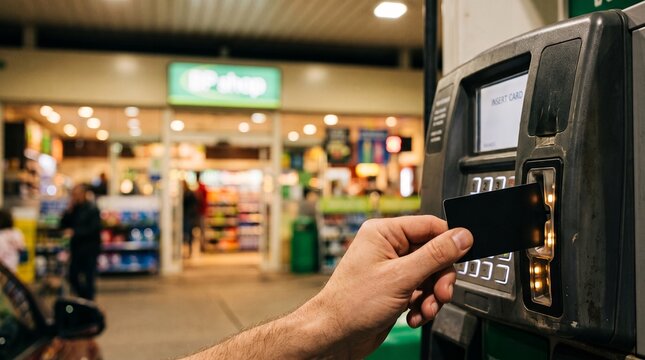 Hand inserting credit card into gas pump payment terminal at night