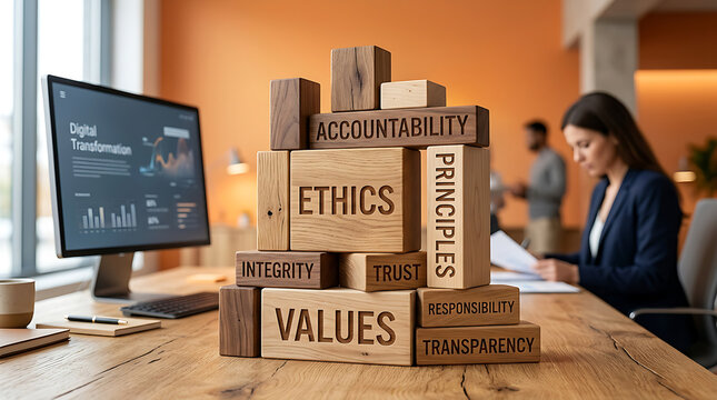 Corporate ethics values structure built with wooden blocks on an office desk