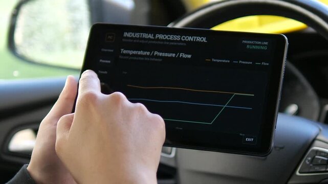 Operator navigates a live industrial process dashboard on a tablet, tracking tanks, pump flow and production trends in a smart manufacturing control workflow.