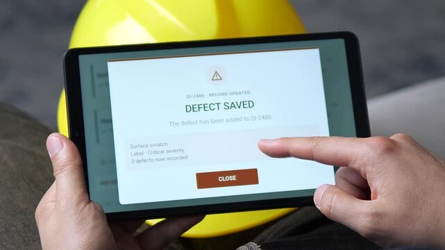 Worker records a critical manufacturing defect on a tablet, highlighting digital quality control, traceable inspections and faster response to production issues.