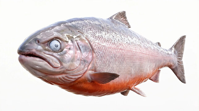 Aggressive prehistoric fish with metallic scales and sharp teeth on white background