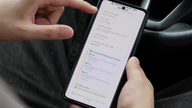 A taxpayer requests and reviews a digital tax payment certificate on a smartphone, highlighting mobile compliance, paperless records and secure access to financial documents.