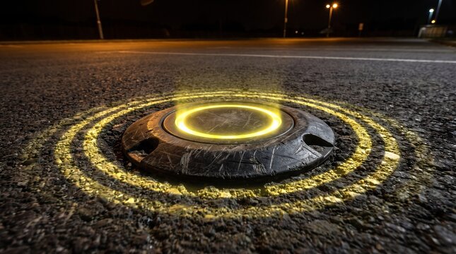 Conceptual ground level macro of a smart parking sensor emitting a glowing yellow ping in asphalt