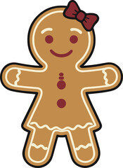 Obraz premium Cute Gingerbread Girl Cookie with Red Bow, Christmas Holiday Cartoon Illustration