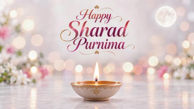 Happy sharad purnima greeting with glowing oil lamp, full moon above floral bokeh background, indian harvest festival celebration, devotional card with festive calligraphy