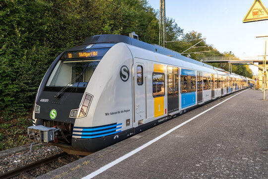 Commuter train of S-Bahn Stuttgart line S3 by Deutsche Bahn DB Regio class 430 at railway station in Backnang, Germany