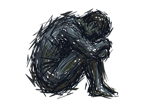 A dark sketch of a person sitting in a fetal position expressing deep sadness.