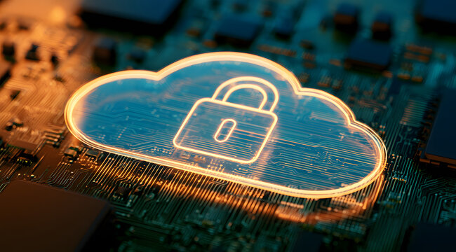 A cloud computing concept secured by a digital circuit board with a luminous padlock icon.