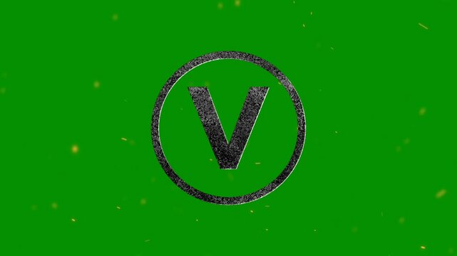 Gritty textured letter v inside a circular frame isolated on a vibrant green background with floating particles